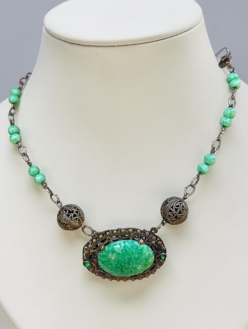 Antique Green Czech Glass Necklace